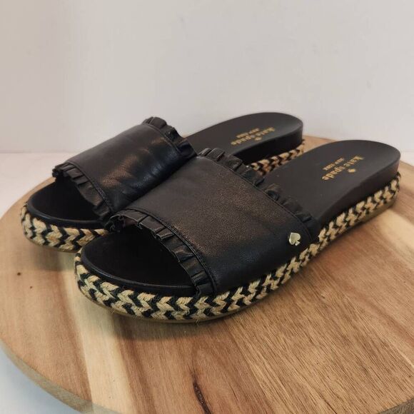 Kate Spade Zahara Black Leather Braided Flat Espadrille Sandals Slides Women's S - Picture 7 of 11
